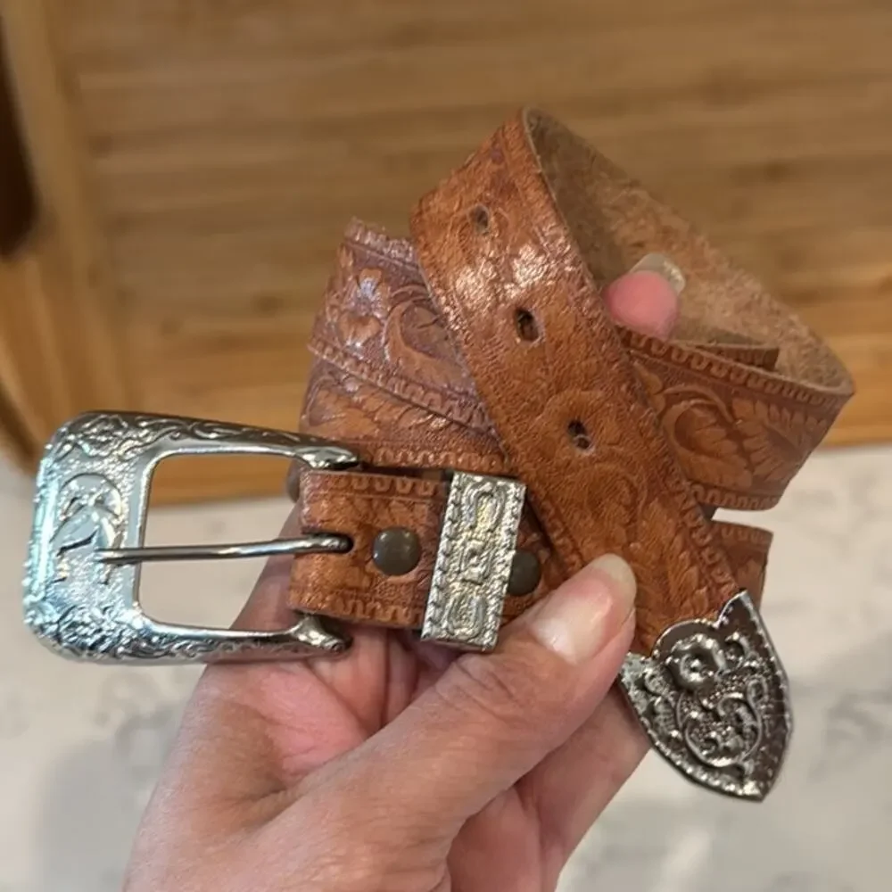 Vintage tooled leather bohemian western silver buckle and accents belt size 28